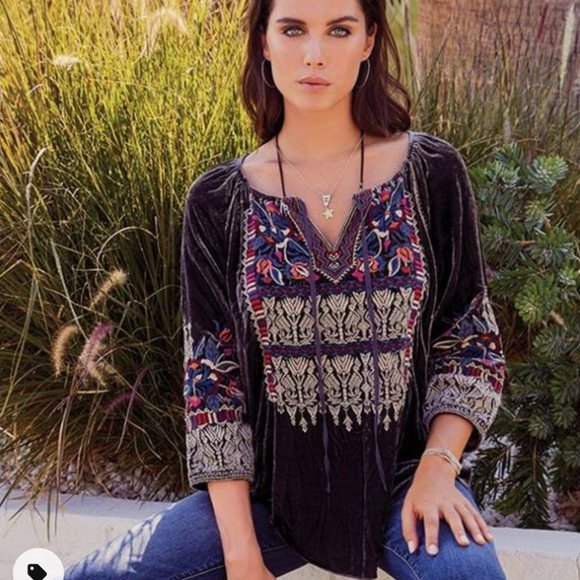 SOLD JOHNNY WAS CLAUDE VELVET PEASANT BLOUSE - Picture 3 of 6